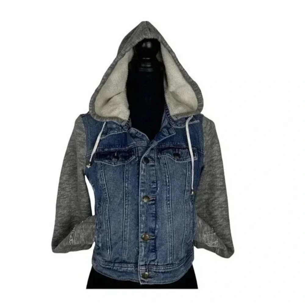 FREE PEOPLE Knit Hooded Denim Distressed Jacket Sz XS Blue Casual Stylish 49-15 - Picture 3 of 10